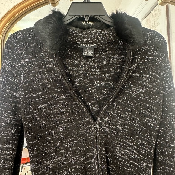 Escapade Rabbit Fur Trim Black Metallic Zip Sweater/Jacket - Picture 3 of 5